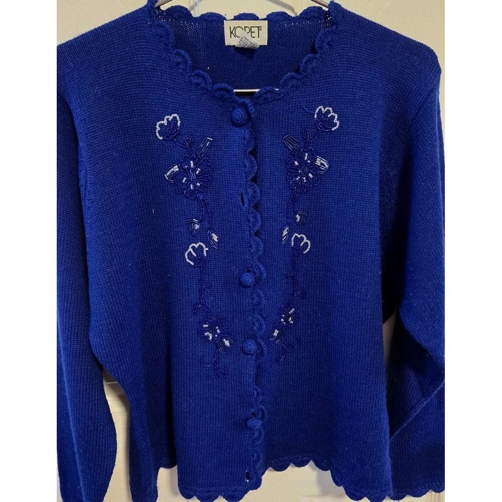 Beaded Cardigan Sweater Koret Blue Floral Scalloped Cottagecore Vintage XL
